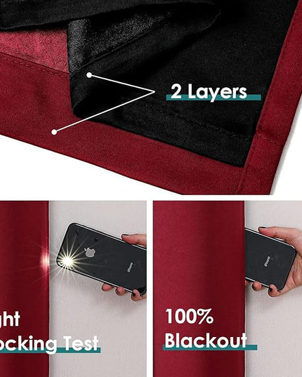 ChrisDowa 100% Blackout Curtains 108 inch Long for Bedroom with Black Liner, 2 Thick Layers Total Blackout Thermal Insulated Grommet Window Curtains 2 Panels Set (Burgundy, 52 x 108 Inch)