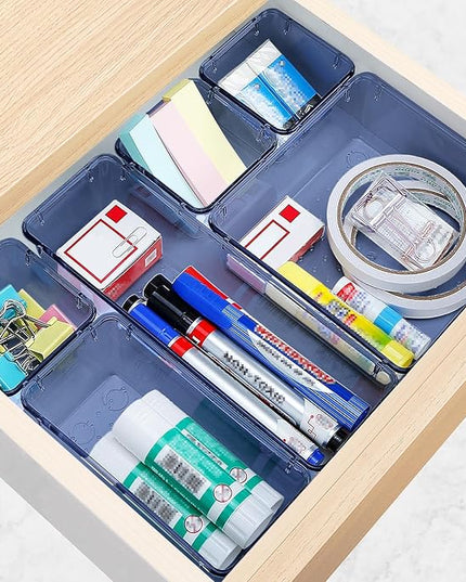 16 PCS Drawer Organizer Set, 5 Varied Size Bathroom and kitchen Drawer cabinet organizer Trays, Clear Storage Bins for Makeup, Jewelry, Utensils and Gadgets,Dark Blue