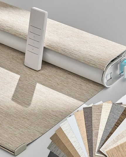 Persilux Smart Motorized Blinds with Remote, No Drill Automatic Roller Shades for Indoor Windows, Blackout Linen Fabric, Electric Blinds for Windows, Nature Khaki C153BO-3, Custom Size