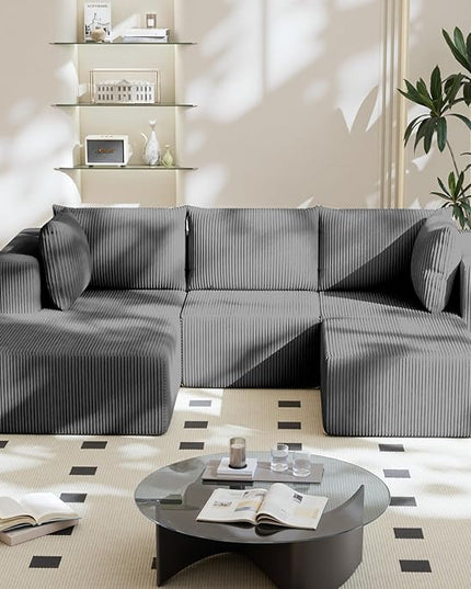 108" Boneless Couches for Living Room, Modular Cloud Couch Sofa -4 Pieces U Shap Corduroy Sectional Sofa, Fluffy Memory Foam Sleeper Sofa Furniture, No Assembly, Wide Armrest, Grey