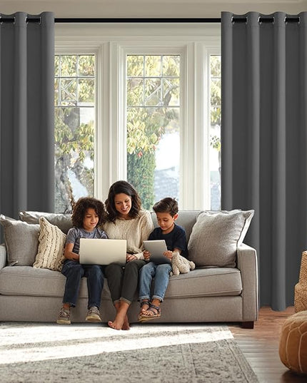 JIUZHEN Blackout Curtains with Tiebacks - Thermal Insulated, Light Blocking and Noise Reducing Grommet Curtain Drapes for Bedroom and Living Room, Set of 2 Panels, 38 x 45 Inch Length, Dark Grey