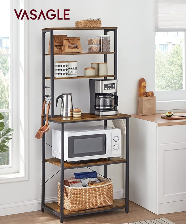 VASAGLE Coffee Bar, 23.6 Inches Baker's Rack for Kitchen with Storage, 6-Tier Kitchen Shelves with 6 Hooks, Microwave Stand, Industrial, Rustic Brown and Ink Black UKKS024B01