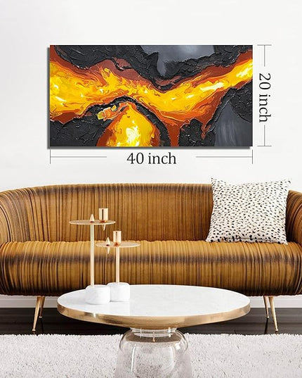GUGIKA Abstract Wall Art for Living Room, Hand Painted 3D Textured Magma Paintings, Black and Gold Yellow Volcanic Lava Canvas Wall-Decor for Bedroom, Size 40 x 20 Inches