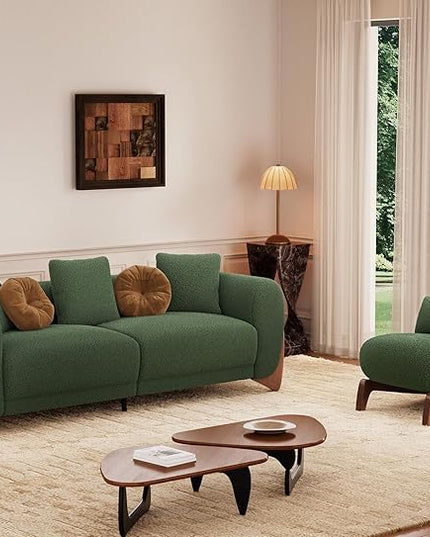Morden Fort 2 Piece Cloud Couch Set, Modern Sherpa Boucle Sofa Set with Wood Legs, Skin-Friendly Minimalist Upholstered Comfy Couch Sofas for Living Room, 3-Seater Sofa & Tilt Back Chair, Green