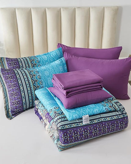 Cottolester Boho Comforter Set King Size 8 Piece Bed in a Bag Bohemian Striped Bedding Quilt Set Aqua Paisley Floral Comforter and Sheet Set,Soft Microfiber Complete Bedding Sets for All Season