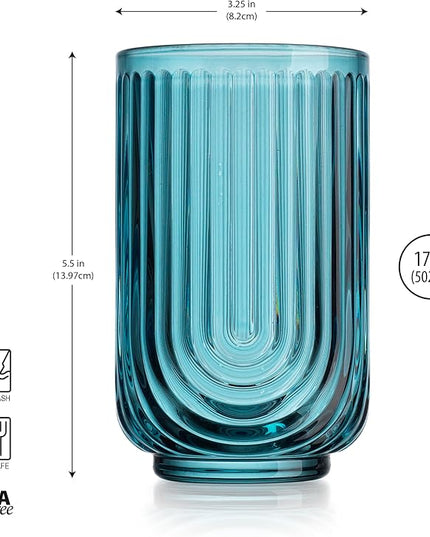 Glaver's Vintage Glassware Art Deco Glasse Ribbed Drinking Glasses U-Shape Arch Design Colored Cocktail Kitchen Tumblers Everyday Dinner Decorative Party, Blue (Blue S/4 17oz)