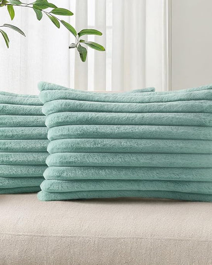 Pallene Faux Fur Plush Lumbar Throw Pillow Covers 12x20 Set of 2, Luxury Soft Fluffy Striped Decorative Pillow Covers for Sofa, Couch, Living Room, Aqua