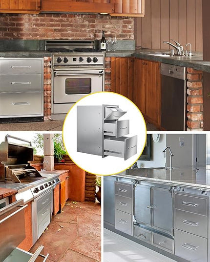 Outdoor Kitchen Drawers with Paper Towel Holder 17" W x 30"H Flush Mount BBQ Drawers with Chrome Handle,Stainless Steel Built-in Triple Access Drawers for Outdoor Kitchen Island, Patio Grill Station