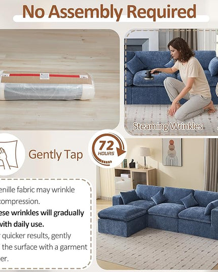 115''Cloud Boneless Sectional Couch, Modular Sectional Sofa Deep Seat with Ottoman, Oversized Upholstered Convertible Comfy 4 Seater Chenille Sofa L Shape Couches for Living Room, Blue