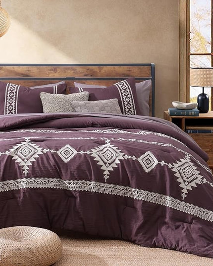 MaiRêve Embroidery Queen Size Comforter Set Purple, Boho Farmhouse Western Bedding Set 7 Pieces, All Season Bed in A Bag Comforter Set with Sheets, Pillowcases & Shams
