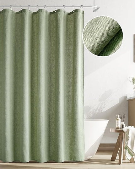 Naturoom Extra Long Linen Shower Curtain, 72x84 Inch Long Neutral Fabric Country Cottage Spring Themed Bathroom Decor, Large Weighted Water Repellent Cloth Shower Curtains for Bathroom, Sage Green