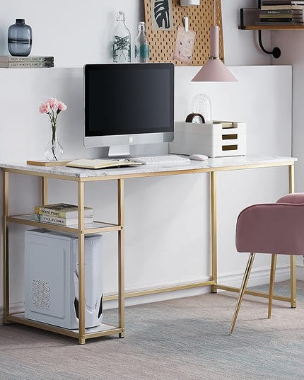 ivinta Computer Desk, Home Office Desk with Storage Shelves for Living Room, Bedroom, Office, Whale-ML55 (White and Gold, 55")