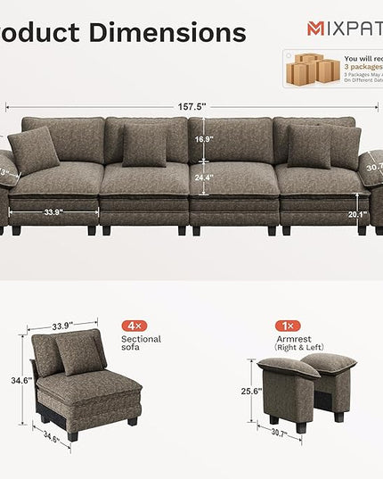 157.5" Cloud Modular Sectional Sofa, 4-Seater w/Deep Seat & Removable Arms, Plush Chenille for Living Room - Smoky Gray