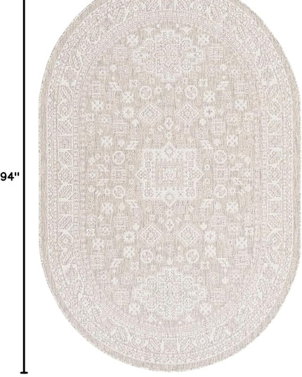 Rugs.com Outdoor Aztec Collection Rug – 5' x 8' Oval Light Gray Flatweave Rug Perfect for Living Rooms, Large Dining Rooms, Open Floorplans