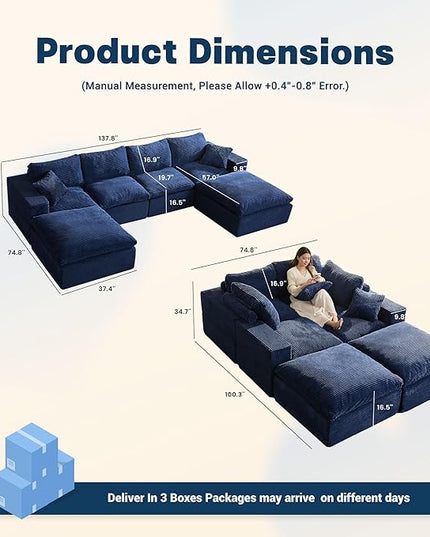 137.8” Sectional Couches for Living Room, Cloud Couch, Modular Sectional Sofa, Convertible Sofas Bed, Deep Seat Sofa, U Shaped Cozy Sofa Furniture Set, Corduroy,Blue