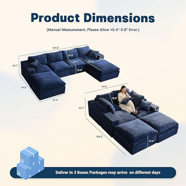 137.8” Sectional Couches for Living Room, Cloud Couch, Modular Sectional Sofa, Convertible Sofas Bed, Deep Seat Sofa, U Shaped Cozy Sofa Furniture Set, Corduroy,Blue