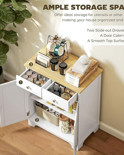HOMCOM Sideboard Buffet Cabinet with Solid Wood Countertop, Modern Kitchen Storage Cabinet, Coffee Bar Cabinet with 2 Drawers, Doors and Adjustable Shelf, White