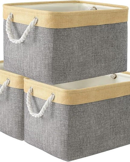 TheWarmHome Storage Basket for Organizing - Fabric Large Cubes 3 Pack 16x12x12 inch Baskets, Cube Storage Bin for Shelves Organizer Closet Cloth Gift Toy (Gold & Grey)