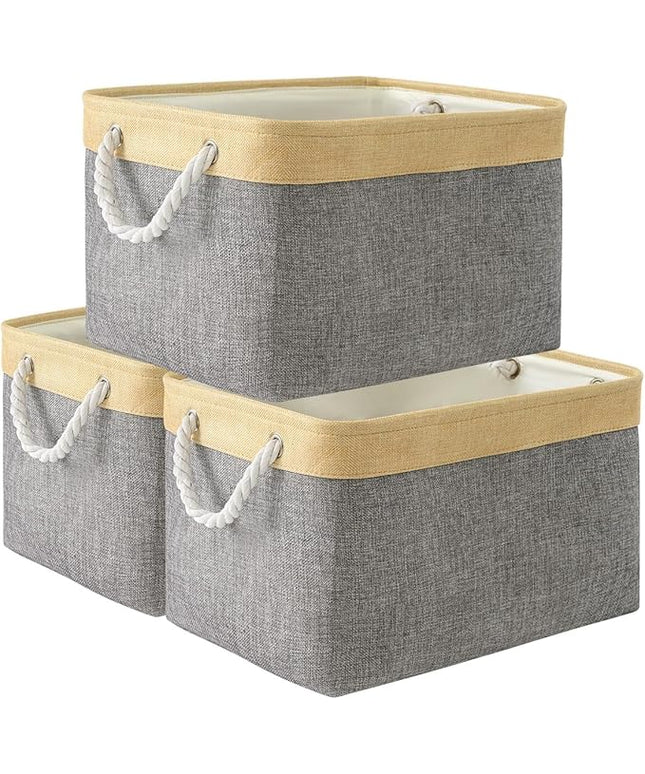 TheWarmHome Storage Basket for Organizing - Fabric Large Cubes 3 Pack 16x12x12 inch Baskets, Cube Storage Bin for Shelves Organizer Closet Cloth Gift Toy (Gold & Grey)