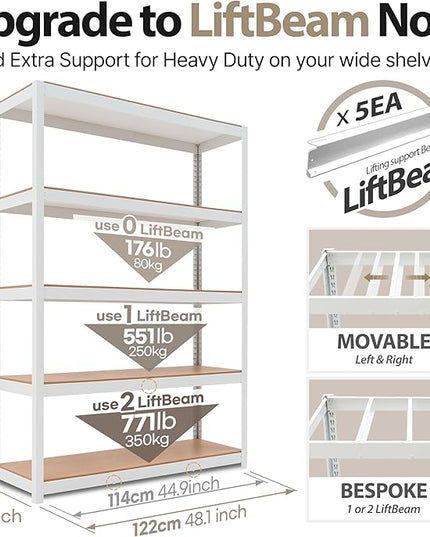 HOMEDANT House 48.1" W 5 Tier Heavy Duty Garage Shelving Adjustable Metal Rack Storage Shelves Standing Shelf Unit Organizers Industrial Warehouse Basement White 1Pack