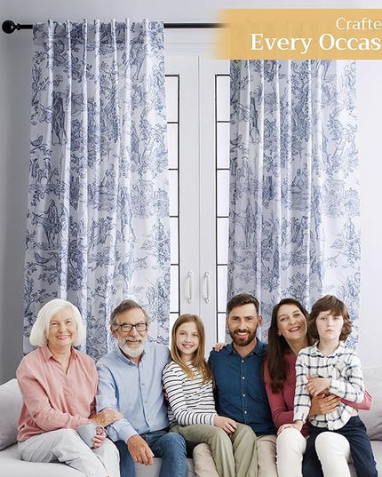 Maison d' Hermine Curtains for living room 100% Cotton 124 inch length One Panel Light Filtering Toile Curtains for Bedroom with rod and loop Pockets (The Miller Blue (White Background), 50"W x 124"L)