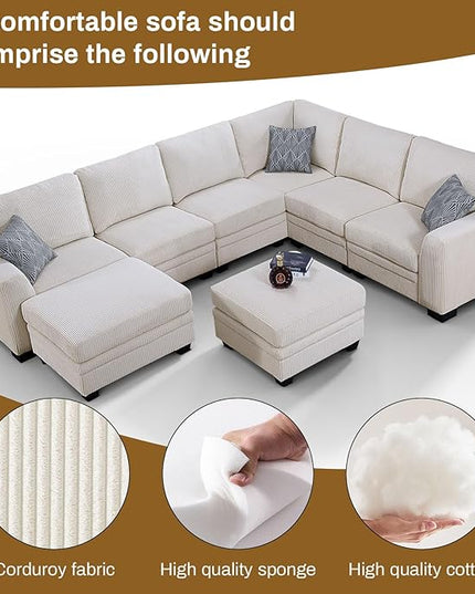 Legend Vansen Oversized Modular Sectional Sofa,8 Seat U Shaped Couch with Ottoman,Corduroy Sofa with Deep Seat,Convertible Large Sectional Couches for Living Room(Cream, U-8)
