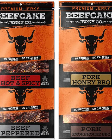 BEEFCAKE Jerky Mixed Favorites, Pork & Beef Jerkey Variety Pack Premium Snacks, 9 Gram of Protein & 100 Calories 2.7 Oz | Pack of 4