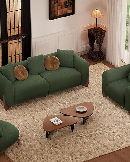 Morden Fort Modern Cloud Couch - 3 Seater Sherpa Boucle Sofa with Wood Legs, Ultra-Thick High Resilience Cushion with 3 Matching Pillows Upholstered Comfy Couch Sofa for Living Room - Forest Green