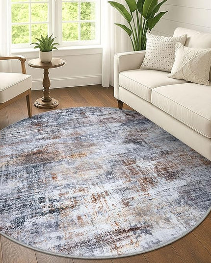 IOHOUZE Abstract Round Area Rug 6 Ft Washable Circle Rugs Large Round Rug Non Slip Thin Soft Circle Rugs, Printed Faux Wool Floor Carpet for Bedroom Living Room Dining Room Nursery, Orange Grey