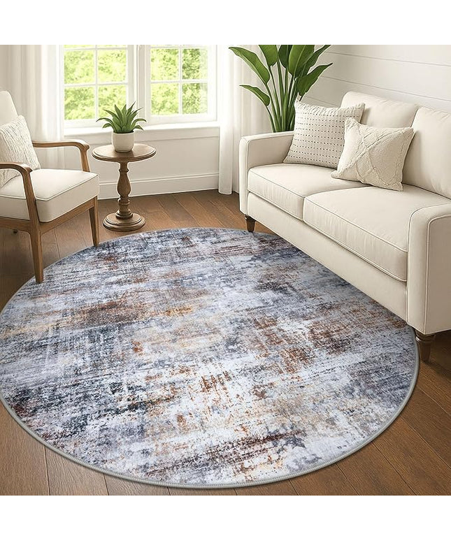 IOHOUZE Abstract Round Area Rug 6 Ft Washable Circle Rugs Large Round Rug Non Slip Thin Soft Circle Rugs, Printed Faux Wool Floor Carpet for Bedroom Living Room Dining Room Nursery, Orange Grey