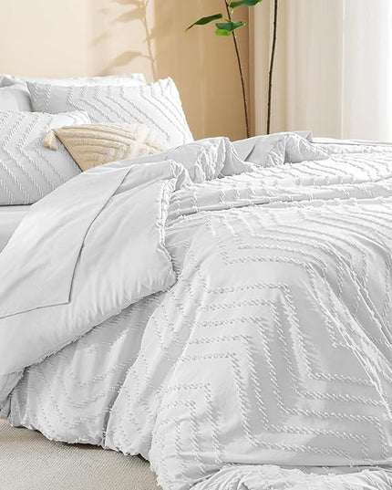 Litanika Super King Size Comforter Set with Sheets White - 7 Pieces Bed in a Bag Oversized King Boho Tufted Complete Bedding Sets with Comforter, Sheets, Pillowcases & Shams