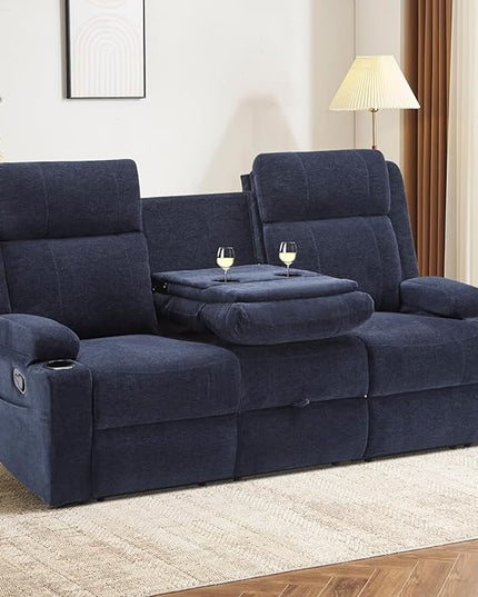 Manual Reclining Sofa,RV Loveseat Reclining Couch with Drop Down Table/ 4 Cup Holder/Hidden Storage, Wall Hugger Recliner Sofa for Living Room & Home Theater & RV(Blue)