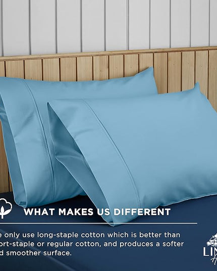 Linen Home 600 Thread Count Queen Pillowcase Set | 100% Long-Staple Cotton Pillow Cases | Soft & Smooth Luxury Satin Set of 2 Pillowcases | 4 Inch Z Hem | Baby Blue