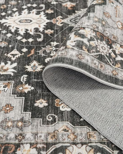 Washable Oriental Area Rug - 9x12 Rugs for Living Room Soft Carpet for Bedroom Waterproof Floral Distressed Indoor Stain Resistant Non-Shedding Floor Carpets (Black, 9x12)