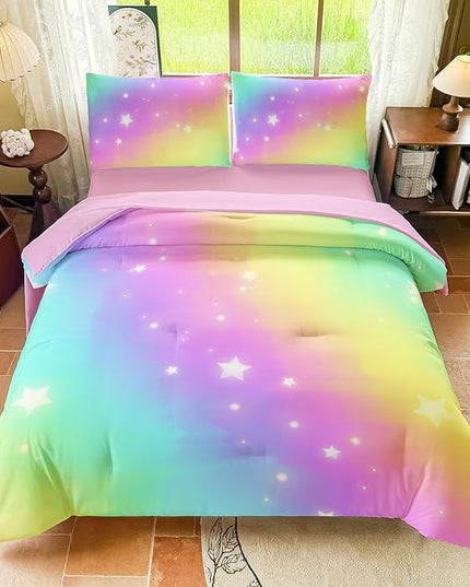 Rainbow Bedding Set Full Size – 5 Piece Reversible Girls Comforter with Deep-Pocket Sheet, Gradient Galaxy Design, Whole-Piece Filling, Machine Washable Bed-in-a-Bag for Kids Room Makeover & Gifts