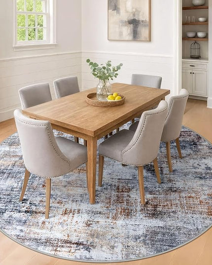 IOHOUZE Abstract Round Area Rug 8 Ft Washable Circle Rugs Large Round Rug Non Slip Thin Soft Circle Rugs, Printed Faux Wool Floor Carpet for Bedroom Living Room Dining Room Nursery, Orange Grey