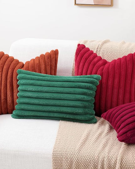 decorUhome Faux Fur Spring Throw Pillow Covers 16x16 Set of 2, Decorative Soft Plush Striped Neutral Couch Euro Pillow Covers with Velvet Back for Sofa, Bed, Living Room Home Decor, Red