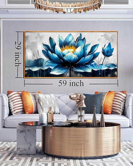 Ouzzlie Large Flower Wall Decor Blue Wall Art for Living Room Gold Art Lotus Posters for Home Office 29" x 59"