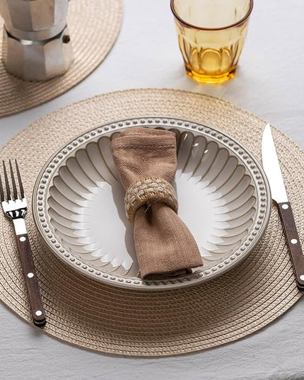 Round Placemats Set of 12 Plastic Woven Placemats Washable Wipeable Table Mats for Dining Table Heat Resistant Non-Slip Circle Place Mats (Beige)