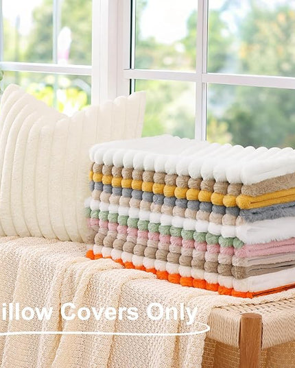 decorUhome Faux Fur Spring Throw Pillow Covers 24x24 Set of 2, Decorative Soft Plush Striped Neutral Couch Euro Pillow Covers with Velvet Back for Sofa, Bed, Living Room Home Decor, Grey Blue