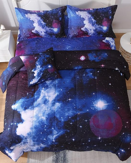 JQinHome Queen Galaxy Comforter Sets 6 Piece Bed in A Bag, Outer Space Themed Bedding for Children Boy Girl Teen Kids - (1 Comforter, 1 Flat Sheet, 1 Fitted Sheet, 2 Pillowshams, 1 Cushion Cover)