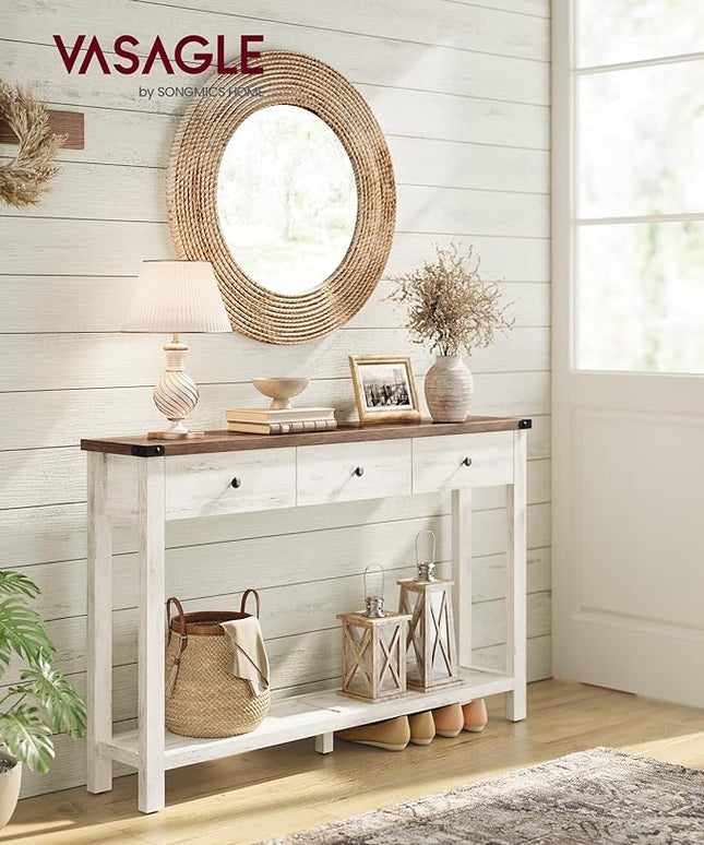 VASAGLE LIRY Collection - Console Table with 3 Drawers and Open Storage Shelf, Narrow Entryway Sofa Table for Living Room, Farmhouse Style, Metal Corners, Honey Brown and Rustic White ULNT142WJ02S