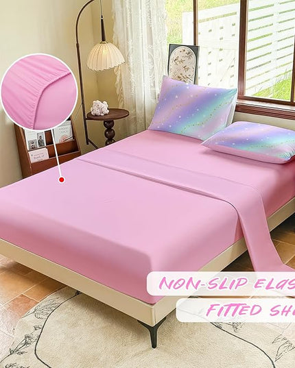 Rainbow Bedding Set Twin Size – 5 Piece Reversible Girls Comforter with Deep-Pocket Sheet, Gradient Galaxy Design, Whole-Piece Filling, Machine Washable Bed-in-a-Bag for Kids Room Makeover & Gifts