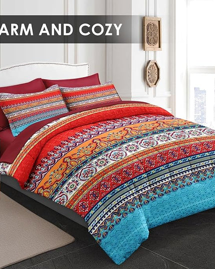 Comforter Set Full Size, Vintage Paisley Leaf Floral 7 Pcs Bedding for Kids and Adults, Ethnic Geometric Flower Bed Sheet Sets with Fitted Sheet 2 Pillowcases & 2 Shams