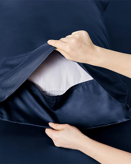 Bedsure Cooling Sheets Twin, Rayon Derived from Bamboo, Breathable & Soft Twin Sheets Set, Deep Pocket Up to 16 Inches, Hotel Luxury Silky Bedding for Hot Sleepers, Navy