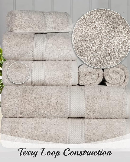 Superior Egyptian Cotton Pile 8 Piece Towel Set, Includes 2 Bath, 2 Hand, 4 Face Towels/Washcloths, Ultra Soft Luxury Towels, Thick Plush Essentials, Guest Bath, Spa, Hotel Bathroom, Stone