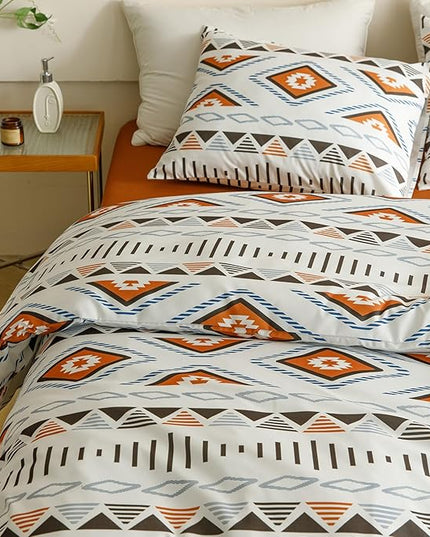 Houseri Orange and Brown Boho Comforter Set Queen Geometric Mocha Blue Diamonds Artistic Bedding Sets Queen Size Women Men Earth Tone Bohemian Triangle Farmhouse Retro Fashion Bed Quilt Blankets Queen
