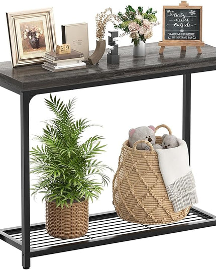 32" Small Console Table, 2-Tier Narrow Entryway Table, Sofa Table with Mesh Shelves, Console Tables for Living Room, Hallway, Entryway, Farmhouse Console Table with Storage, Oak Grey