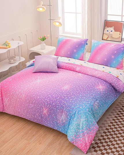 Rainbow Bedding Set Twin Size – 6-Piece Reversible Girls Comforter with Deep-Pocket Sheet, Gradient Galaxy Design, Whole-Piece Filling, Machine Washable Bed-in-a-Bag for Kids Room Makeover & Gifts