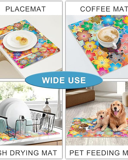 Coffee Mat for Kitchen Counter - Hide Stain Absorbent Dish Drying Mat, Rubber Coffee Bar Mats, Drying Pads, Accessories Fit Under Tea Pot, Cafe Maker, Espresso Machine, Dish Rack, 19"x12", Flowers